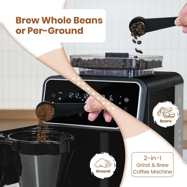 Gevi 10-Cup Grind & Brew Coffee Maker with Built-in Burr Grinder – Programmable Touch Screen, 4-Hour Keep Warm, Permanent Filter, Drip Coffee Machine for Home & Office