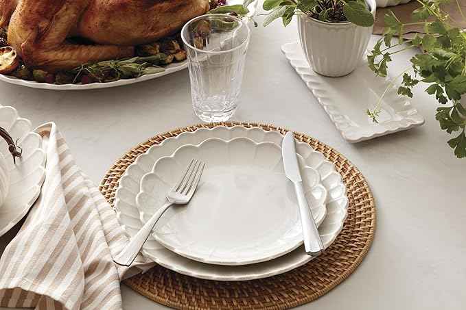 Lenox Stoneware Dinnerware Sets, French Perle Scallop 12-Piece Dinnerware Set for 4, Service For 4, Dishwasher Safe Dishware, White Dishes Set, Stoneware Dinner Plates and Bowls Sets (White, 12 Piece)