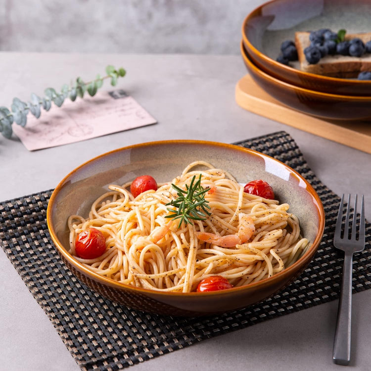 LERATIO Large Pasta Bowls,38oz Ceramic Pasta Bowls,9.0" Reactive Glaze Pasta Bowl Set of 4,Microwave & Dishwasher,Oven Safe,Wide Serving Bowls for Salad,Pasta,Fruit,Scratch Resistant-Khaki