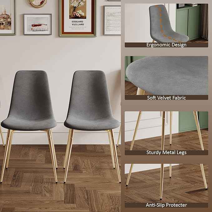 AF ARTISAN FURNITURE 36" Round Glass Dining Table Set for 4, 5-Piece Modern Kitchen Table with 4 Grey Velvet Chairs, Modern Circle Leisure Table for Home Office Dining Room Small Spaces (Gold Leg)