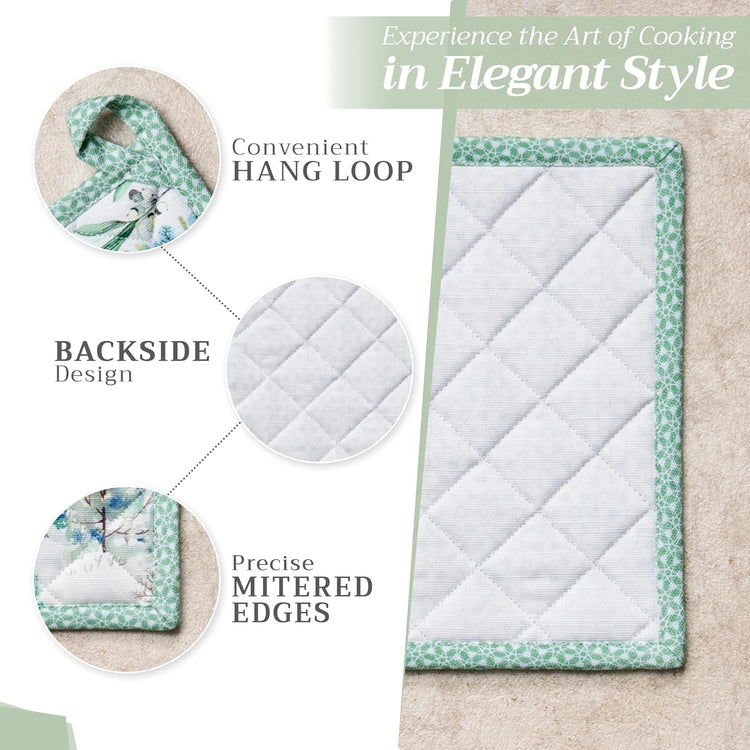 Maison d' Hermine 100% Cotton Oven Mitt & Pot Holder Set (7.5"x13" & 8"x8") Heat Resistant BBQ Cooking Gloves with Loop, Baking, Grilling, Kitchen, Handling Hot Pans (Snowy World)