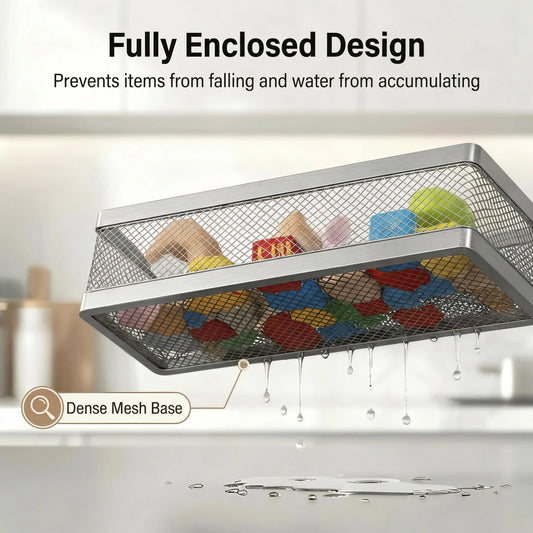 5-in-1 16.5" Extra Long Slim Wall Mount Wrapped Mesh Kitchen Organizer & Shower Caddy Kit, with Paper Towel Holder, Utensil Holder, Soap Dish, Holds 50LBS - Silver Gray, Netting