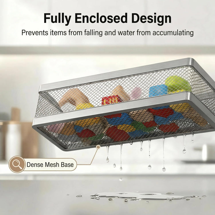 5-in-1 16.5" Extra Long Slim Wall Mount Wrapped Mesh Kitchen Organizer & Shower Caddy Kit, with Paper Towel Holder, Utensil Holder, Soap Dish, Holds 50LBS - Silver Gray, Netting