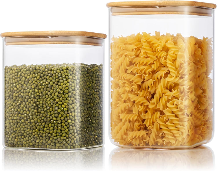 Extra Large Square Glass Flour & Sugar Storage Containers with Airtight Lids, 132oz & 63oz - 2 Pack Glass Jars with Bamboo Lids, Air tight Pantry Food Storage Containers for Cereal, Pasta, Rice