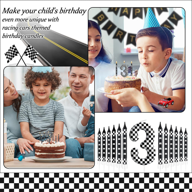 13 Pcs Racing Cars Themed Birthday Candles Black and White Race Number 3 Checkered Candle Cake Topper for Racing Car Party Decoration Supplies (13 Count)