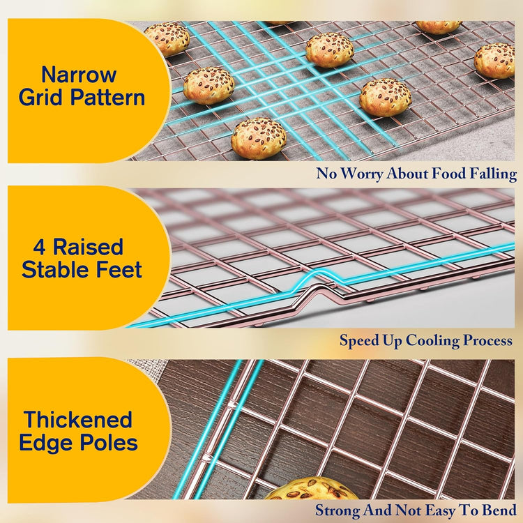 2-Pack Cooling Racks for Cooking and Baking - 10" x 15"Heavy Duty Stainless Steel Wire Rack for Baking, Grilling, Roasting - Oven & Dishwasher Safe - Fits Jelly Roll Sheet Pan（Rose Gold）