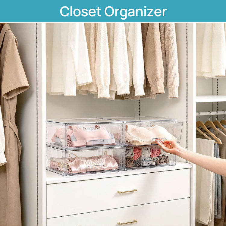 6 Pack Large Clear Stackable Storage Drawers for Closet (6 Count)