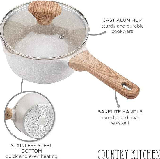 Country Kitchen Non-Stick Cast Aluminum Cookware Set - Durable Kitchen Cookware for Everyday Cooking, Speckled Cream, 6 Pc.