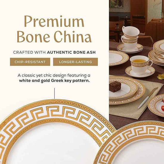 Joseph Sedgh Collection 20-Piece Bone China Dinnerware Set, Service for 4, White and Golden Greek Key