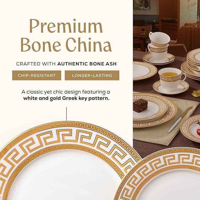 Joseph Sedgh Collection 20-Piece Bone China Dinnerware Set, Service for 4, White and Golden Greek Key