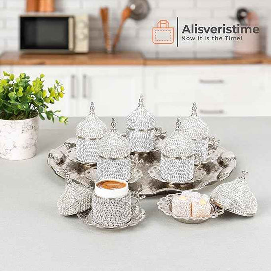 Alisveristime Crystal Embellished Turkish Coffee Set – 27 Pieces – Decorative Zamac Espresso Cups, Saucers and Sugar Bowl with Tray – Available in Three Color Variations (Silver)