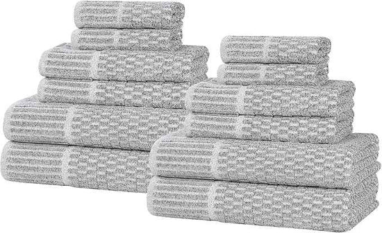 Superior Juno Viscose Cotton Blend Medium Weight Towels, for Bathroom, Shower, Spa, Plush, Quick Dry, Ultra-Soft Towels, Bath Essentials, Border Detail, 12 Piece Assorted Towel Set, Charcoal