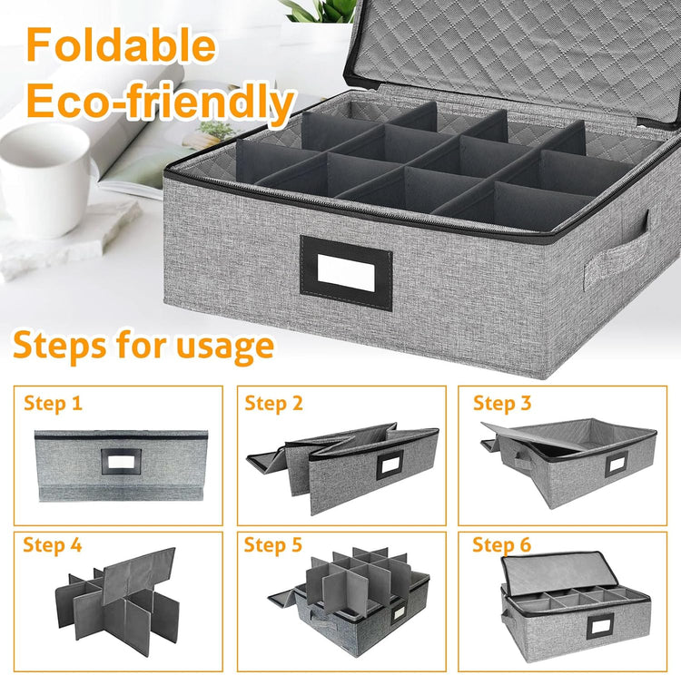 Coffee Mug Storage Box with Dividers, China Storage Containers Hard Shell ,Glassware Storage Containers with Zipper Lid and Handles, Stackable for 12 Mugs, Tea Cups, Moving & Packing (Light Grey)