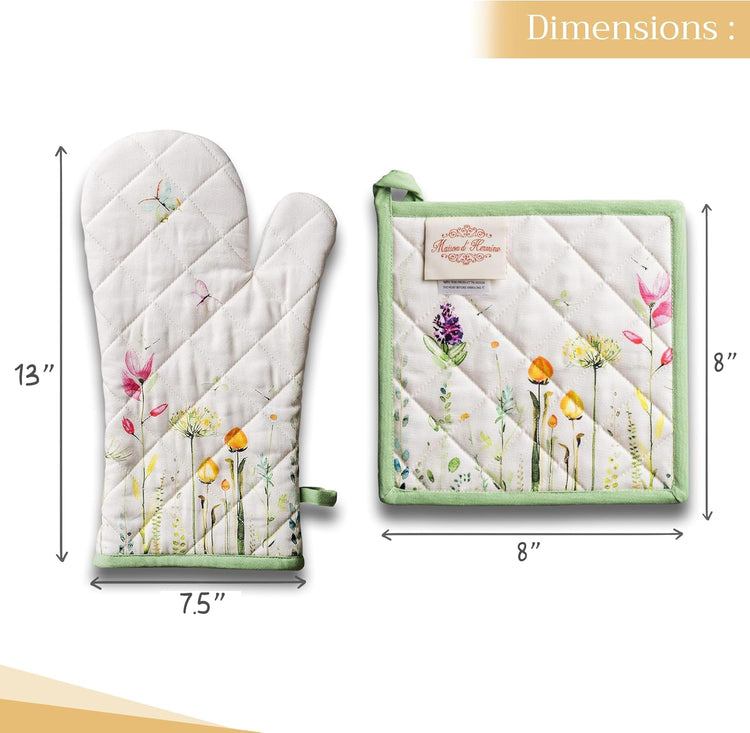 Maison d' Hermine 100% Cotton Oven Mitt & Pot Holder Set (7.5"x13" & 8"x8") Heat Resistant BBQ Cooking Gloves with Loop, Baking, Grilling, Kitchen, Handling Hot Pans Spring/Summer (Botanical Fresh)