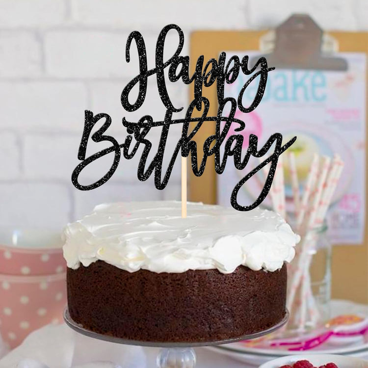 ZHUOWEISM 1 PCS Happy Birthday Cake Topper Glitter Happy Birthday Cake Pick for Celebrating Happy Birthday Anniversary Theme Party Cake Decorations Supplies Black