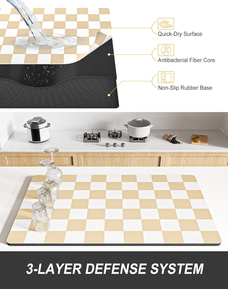 Rnivvi Dish Drying Mat for Kitchen Counter, 12 x 19" Cute Checkered Absorbent Draining Pad, Non-Slip Heat Resistant Coffee Bar Mats for Coffee Machine Station Accessories, Beige White Dish Rack Pad