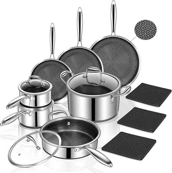 Yoehka 14-Piece Hybrid Stainless Steel Cookware Set, Non-Stick Pots and Pans Set with 3 Silicone Trivets | Induction Compatible Frying Pans, Saucepans, Saute Pan & Stock Pot | Oven Dishwasher Safe