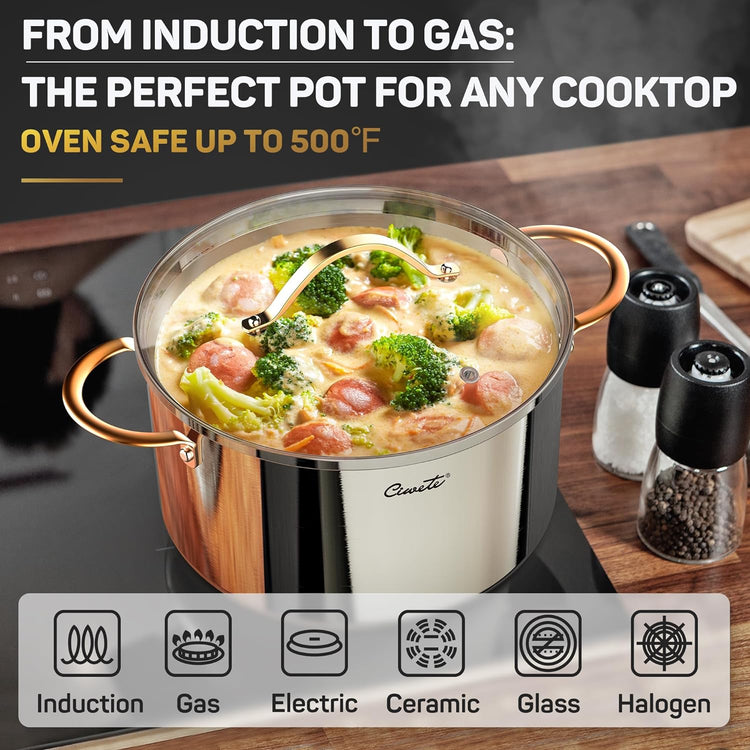 Stock Pot 12 Quart, 18/10 Tri-Ply Stainless Steel All Clad Stock Pot with Lid, Seamless 12 QT Cooking Pot with Copper Handle, Healthy Stockpots, Induction, Gas, Oven and Dishwasher Safe