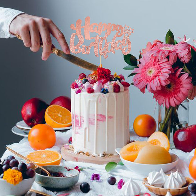 1Pcs Happy Birthday Cake Topper Glitter Cake Pick for Celebrating Anniversary Theme Party Cake Decorations Supplies Rose Gold