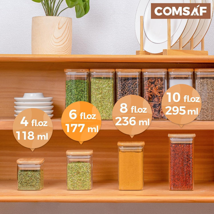 Glass Spice Jars with Labels 6 oz 6 Pack Small Square Bamboo Lids (6 Count)