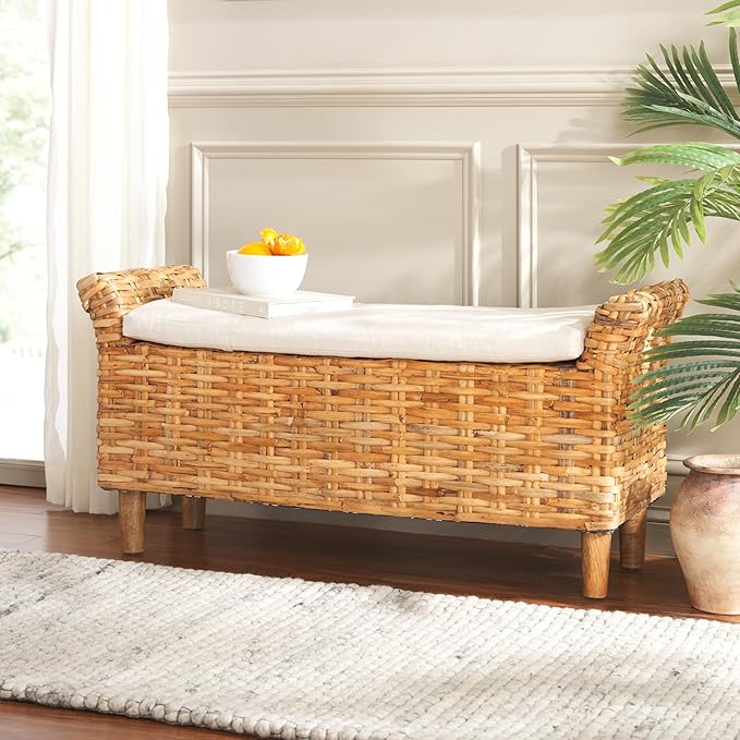 SAFAVIEH Home Collection – Palermo Natural Woven Accent Bench with Cushioned Seat, Transitional Organic Bench for Bedroom, Entryway or Living Room (FOX6533B)