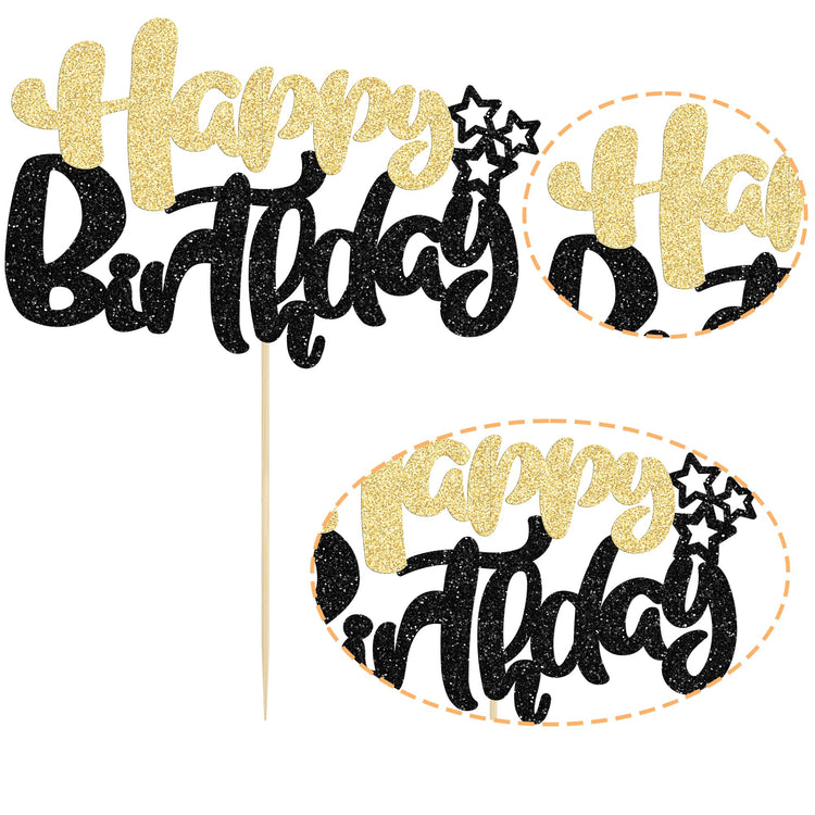 1Pcs Happy Birthday Cake Topper Glitter Cake Pick for Celebrating Anniversary Theme Party Cake Decorations Supplies Black Gold