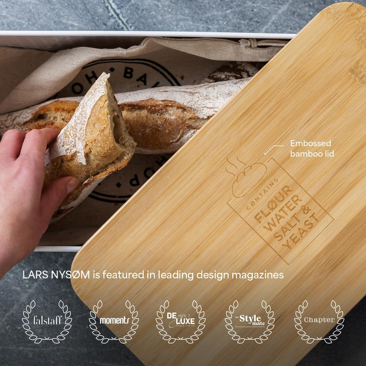 LARS NYSØM Bread Box I Metal Box with linen bag for long lasting freshness I Bread Bin with bamboo lid usable as cutting board I 13.4x7.3x5.3In (Ash Gray)