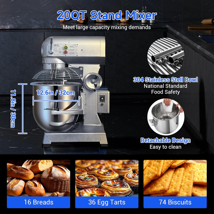 20Qt Commercial Stand Mixer with Timing Function,1100W Commercial Mixer 3-Speed Adjustable,Electric Stand Commercial Dough Mixer with Stainless Steel Bowl for Bakery Pizzeria