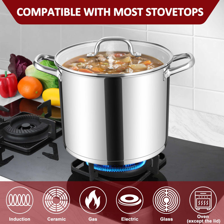12-Quart 18/10 Stainless Steel Stock Pot with Lid, Large Heavy Duty Soup Pot Compatible with Electric, Gas, Induction and Various Cooktops, Dishwasher Safe