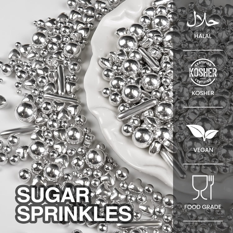 Silver Pearl Rods Heart Sprinkles, Baking Sugar, Silver Sprinkles for Cake, Mix Size, Cupcake Decoration, Holiday, Mother's Day, Wedding Party Supplies