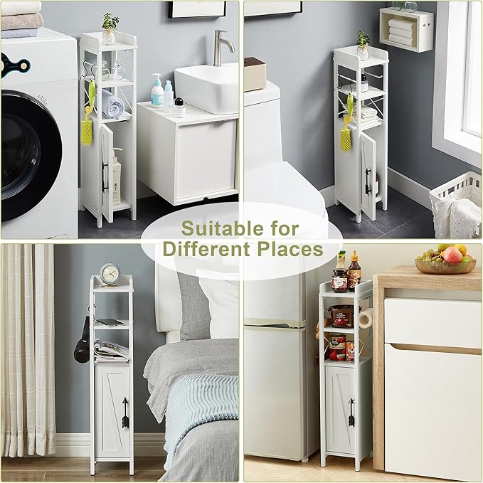 VECELO Slim Toilet Paper Holder, Small Cabinet with Door & 2 Shelves Fenced Top, Bathroom Narrow Storage Organizer for Restroom Bathroom Tiny Space, Pearl White