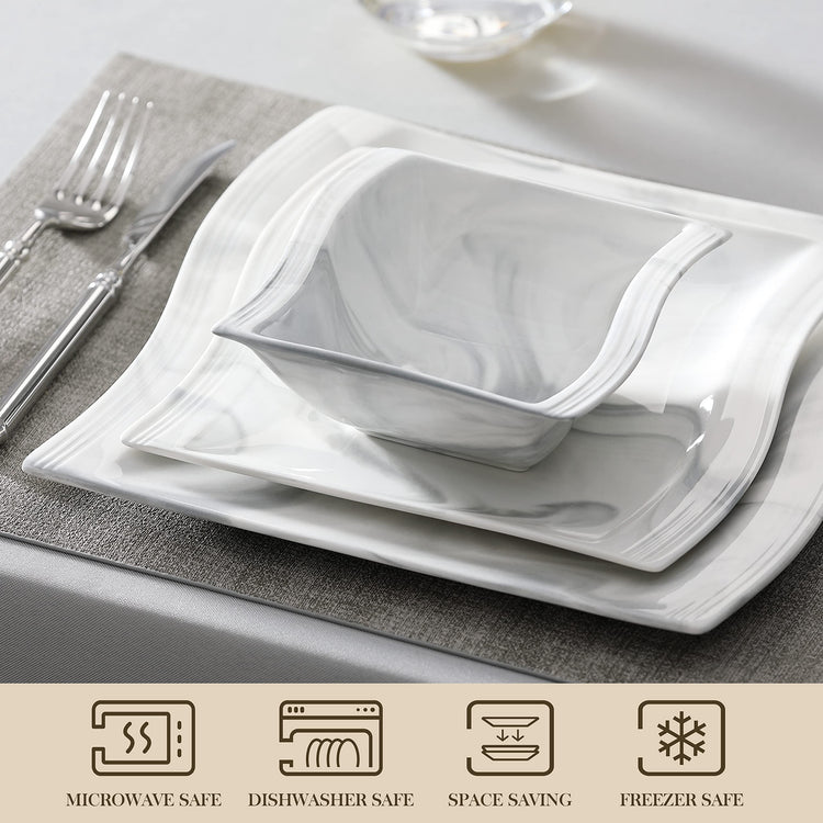 26 Piece Marble Grey Square Dinnerware Sets