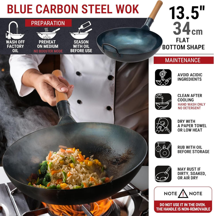 YOSUKATA 13.5” Blue Carbon Steel Wok Pan – Pre-Seasoned Flat Bottom Wok Compatible with open fire, gas, electric, ceramic, induction cooktops -Traditional Chinese Pan for Stir Fry, BBQ, Grill, Camping