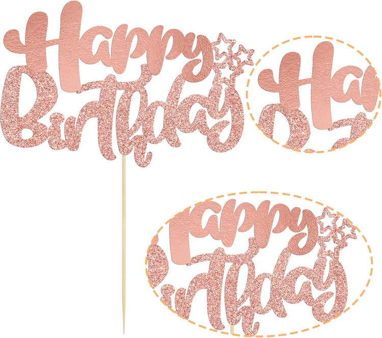 Ephlyn 1Pcs Happy Birthday Cake Topper Glitter Cake Pick for Celebrating Anniversary Theme Party Cake Decorations Supplies Rose Gold