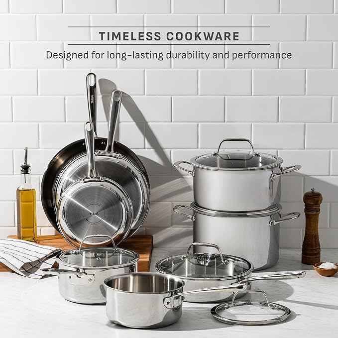 T-fal Pro Tri-Ply Stainless Steel Cookware Set 13 Piece Induction Compatible, Oven Safe 500F, Lids 350F, Fast & Even Heat, Pots and Pans Set, Professional Quality, Kitchen Essentials, Silver