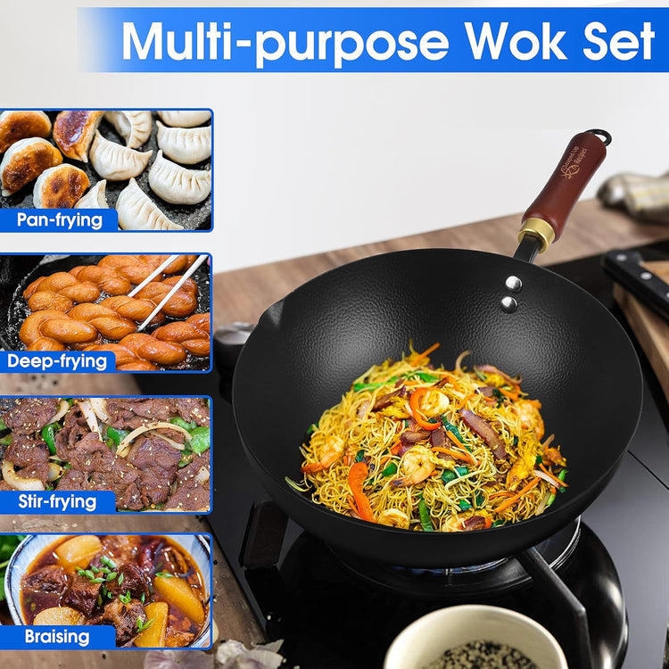 10 Inch Carbon Steel Wok For Electric, Induction and Gas Stoves (Lid and User Guide Video Included)