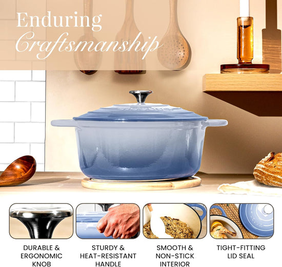 Nuovva Enamelled Cast Iron Dutch Oven Pot with Lid 6.4 Quart Non Stick Casserole Pot – Heavy Duty & Oven Safe up to 500° F for Bread Baking, Braising, Stews, Roasting – 28cm Costal Blue - Nestoria