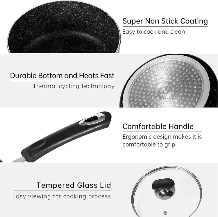 Nonstick Saucepan Set with Lid, Non Stick 1Qt & 2Qt Sauce Pan Set with Glass Lid Small Pot for Home Kitchen