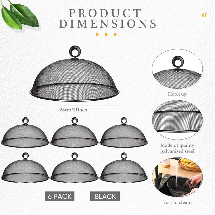 Gerrii 6 Pcs Metal Mesh Food Cover Outdoor Mesh Food Tents Dome Screen Plate Covers for Dinner Plates Reusable Fruit Fly Nets Picnic Food Umbrella for Table, BBQ, Camping, Party (Black,11 Inch)