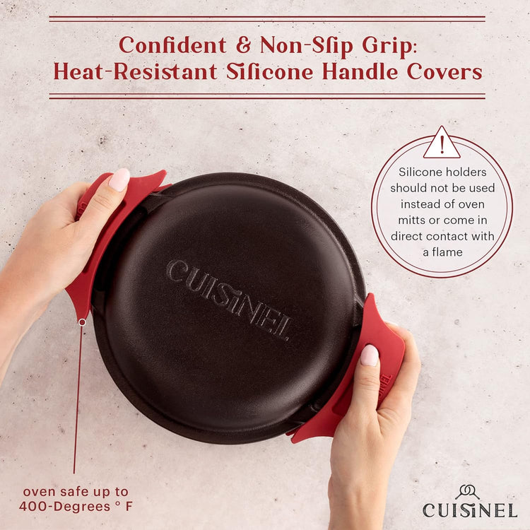 Cuisinel Cast Iron Dutch Oven - 3-Quart Deep Pot - Pre-Seasoned 2-in-1 Multi-Cooker - Combo Lid Doubles as 8"-inch Skillet Frying Pan + Silicone Handle Covers + Scraper - Use for Baking Bread - Nestoria