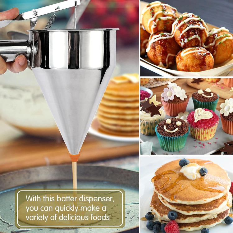 40oz Pancake Batter Dispenser Stainless Steel with Metal Spatula, Stand, Squeeze Handle and Versatile Silicone Funnel, Baking Tool for for Pancake, Cake, Cupcake, Waffles and Muffins Making