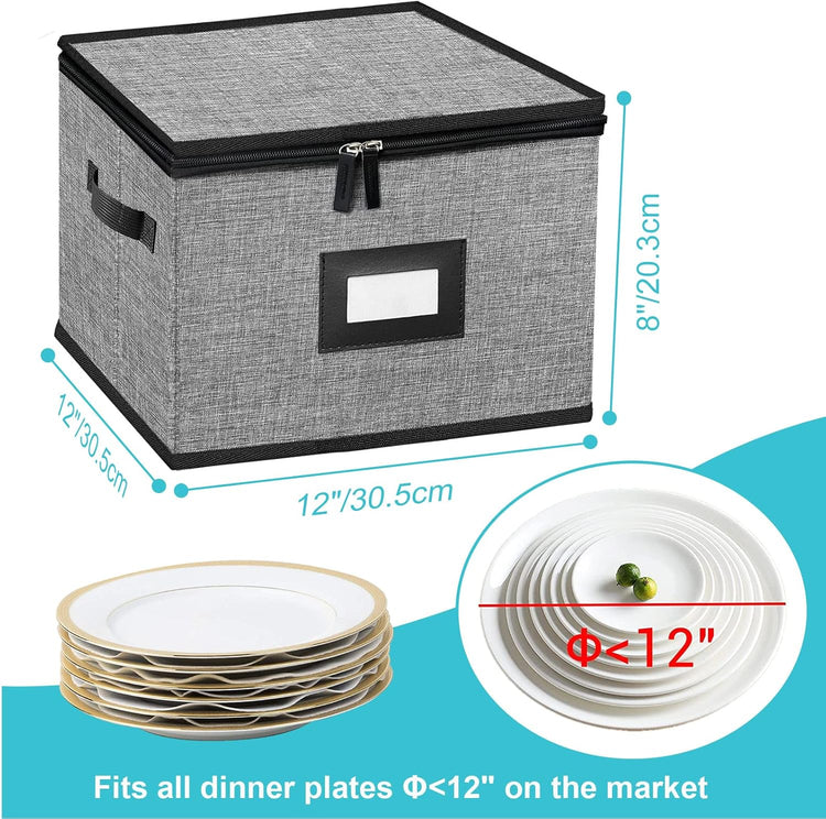 China Storage Containers-Quilted Dish Storage Containers with Lid Hard Shell for Moving Transport, Dinnerware Storage,Stackable Plate Storage,24 Felt Plate Dividers Included,2PACK 12*12*8in(Dark Grey)