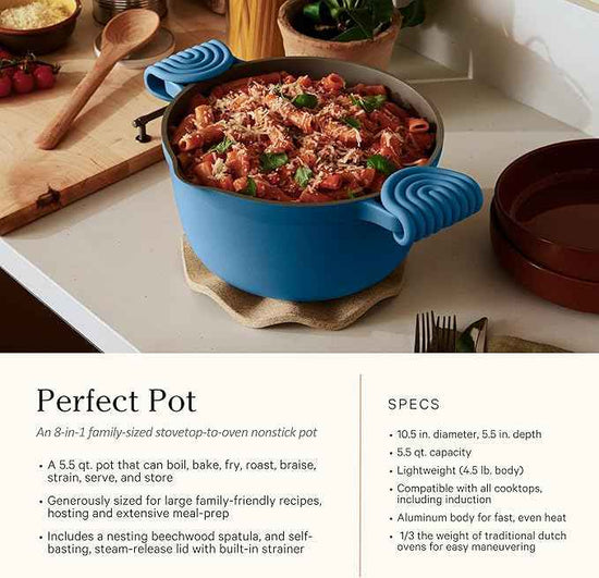 Our Place Cookware Duo | 7-Piece Ceramic Cookware Set with 10.5" Always Pan 2.0, 5.5 Qt Perfect Pot & Strainer Basket | Induction & Oven Safe up to 450°F | Nonstick, Non-Toxic | Forget-Me-Not Blue