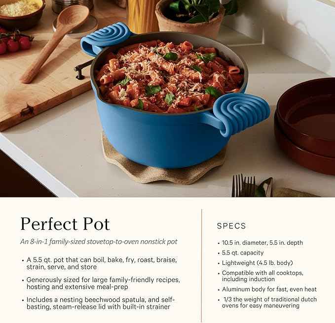 Our Place Cookware Duo | 7-Piece Ceramic Cookware Set with 10.5" Always Pan 2.0, 5.5 Qt Perfect Pot & Strainer Basket | Induction & Oven Safe up to 450°F | Nonstick, Non-Toxic | Forget-Me-Not Blue