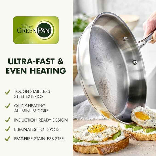 GreenPan Stainless Steel Cookware Set, 11 Piece, Induction Cookware, Dishwasher Safe, Oven Safe to 600F, Large 8QT Stock Pot, Sauce, Saute, Frying Pans, Pots & Pans Kitchen Essentials, Silver