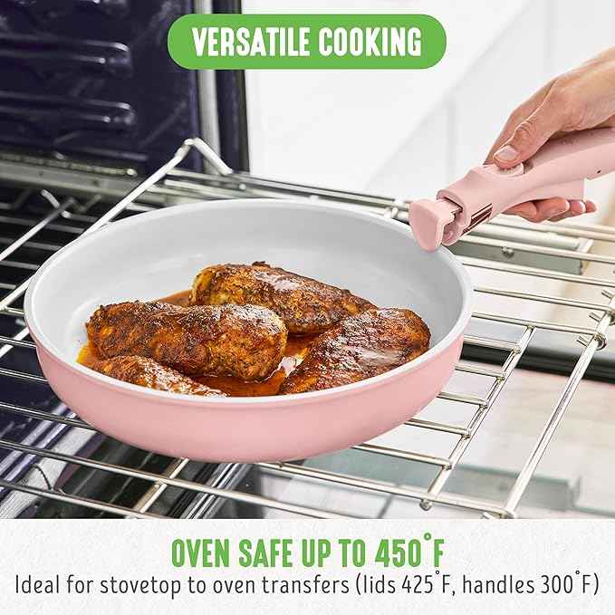 GreenLife 10 Piece Nonstick Pots & Pans Set, Detachable Handle & Stackable Cookware Set, Non Toxic PFAS-Free Skillets, Induction Kitchen Pans, Space Saving, Serving Bowls, Oven Safe, Light Pink
