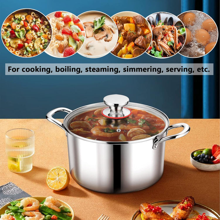 P&P CHEF 5 Quart Tri-Ply Stainless Steel Stock Pot, 5 Qt Stockpot Pasta Cooking Pot with Visible Lid for Soup Vegetable, Induction Cookware for All Stoves, Sturdy & Double Handle, Dishwasher Safe