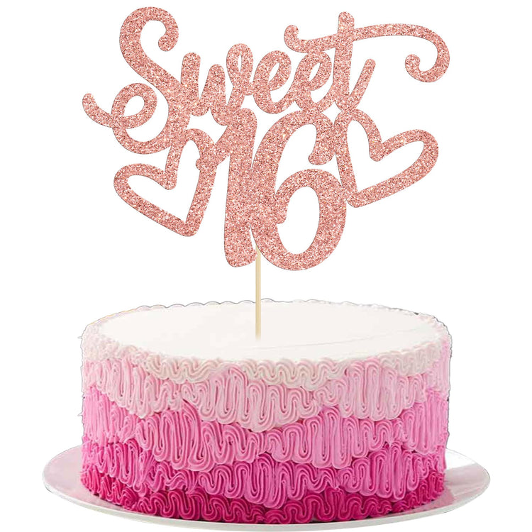 1Pc Sweet Teenager 16 Cake Topper Glitter 16th Birthday Cake Pick for Cheers to 16 Years Old 16th Birthday Party Cake Decorations Supplies Rose Gold