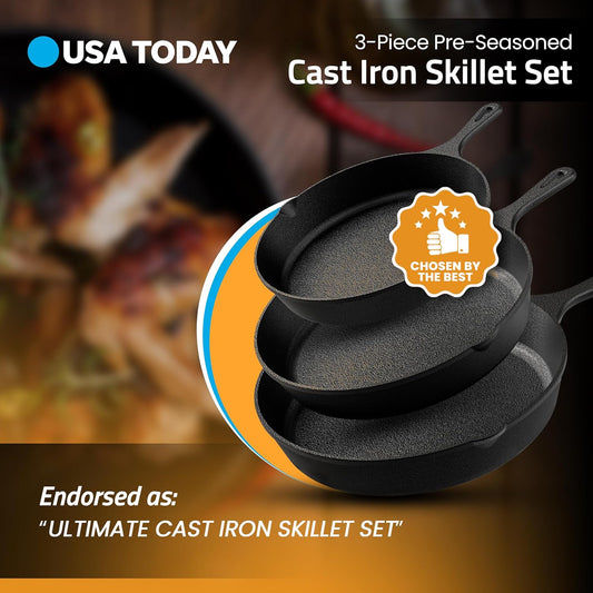 Utopia Kitchen Cast iron Skillets 3 Piece Set, Chefs Pan, Pre Seasoned Cast iron Skillets, 6, 8 & 10 Inches, Easy Use in the Oven, Stove, Grill, or Campfire, Black - Nestoria