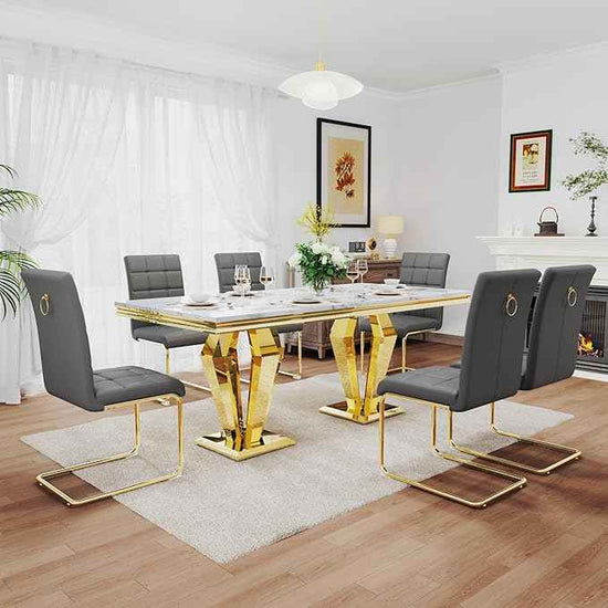 7 Piece Luxury Dining Room Set, Modern Dining Table and Upholstered Chairs Set, Marble Kitchen Table Set for 6, Big Kitchen Dinner Tables Kit with Gold Base